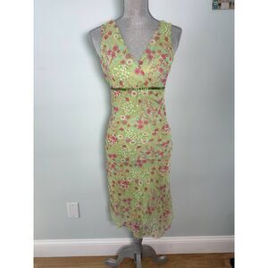 Rare Vintage Y2k Graffiti New York Chic Chiffon Green Floral Midi Dress size XS